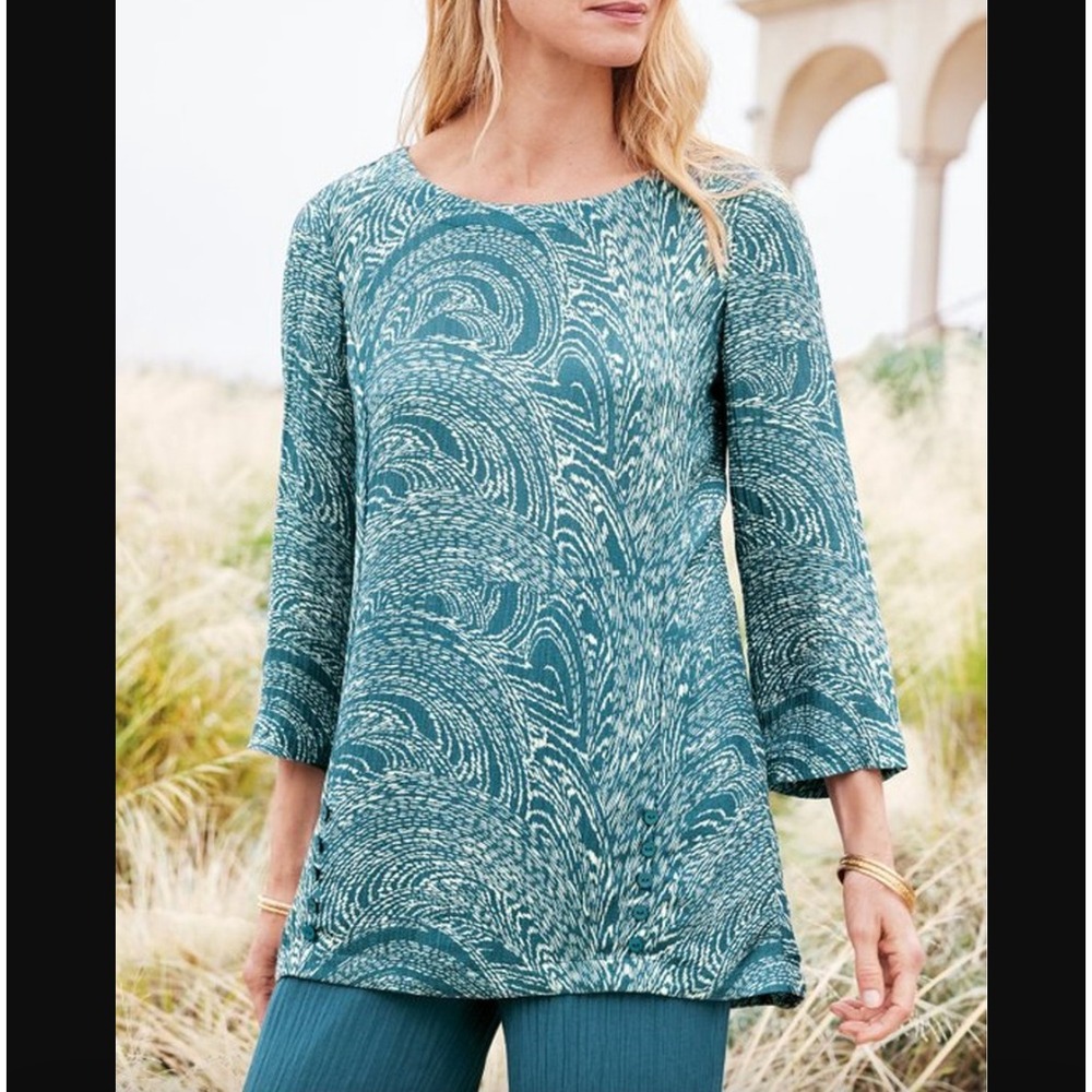 Soft Surroundings Sz 1X Oceo Crinkle Gauze Tunic Top Ramie‎ Blend Artsy Boho